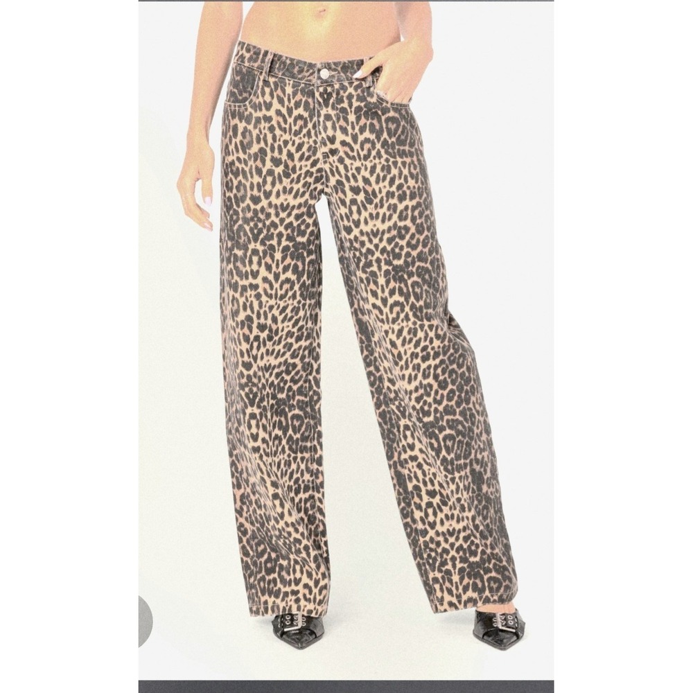 Edikted Womens S 27 X 29 Leopard Print Low Rise Wide Leg Jeans Cotton Streetwear